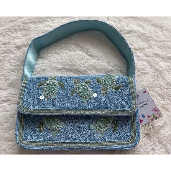 Handcrafted In India Sea Turtle Beaded Shoulder Bag Blue Green Aqua Viral NEW - Picture 1 of 16
